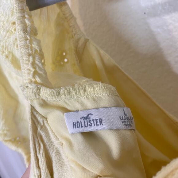 Hollister Pale Yellow Eyelet Puff Sleeve Open Tie Back Smocked Mini Dress Size L - Picture 6 of 9